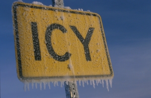 Icy Road Sign Covered with Frost & Ice Winter Alaska
